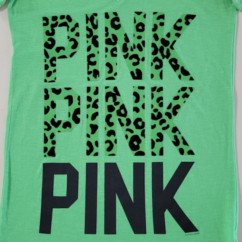 PINK Victoria's Secret Green V-neck Graphic Short Sleeve T-shirt - Picture 7 of 11